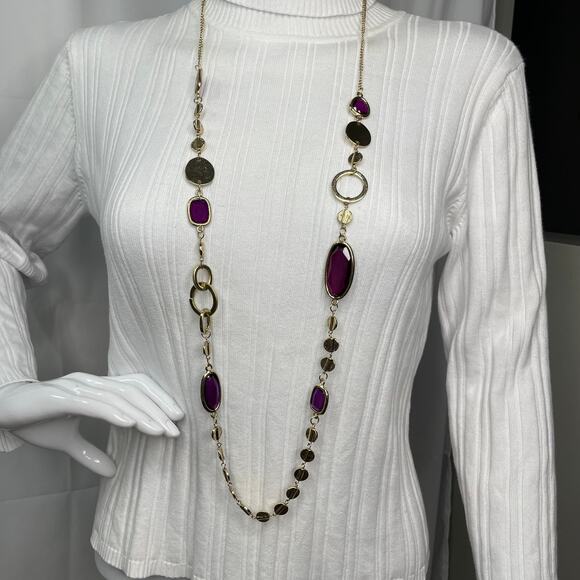 Chico's long necklace gold tone signed jewelry costume purple jewels faceted - Picture 11 of 14